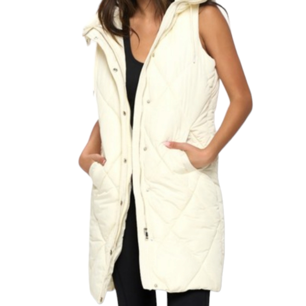 Women's Cream Long Puffer Vest with Hood NWOT - (#0268)